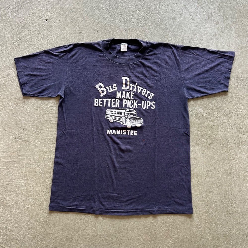 Vintage 70s Bus Driver Shirt Size XL Navy Blue‎ Manistee Michigan USA Made